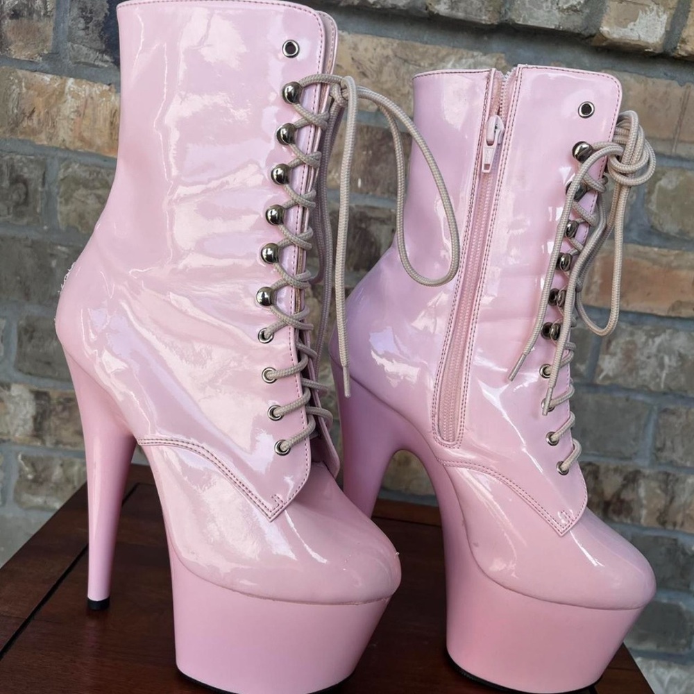 Pleaser pink ankle boots, 7 inch heel